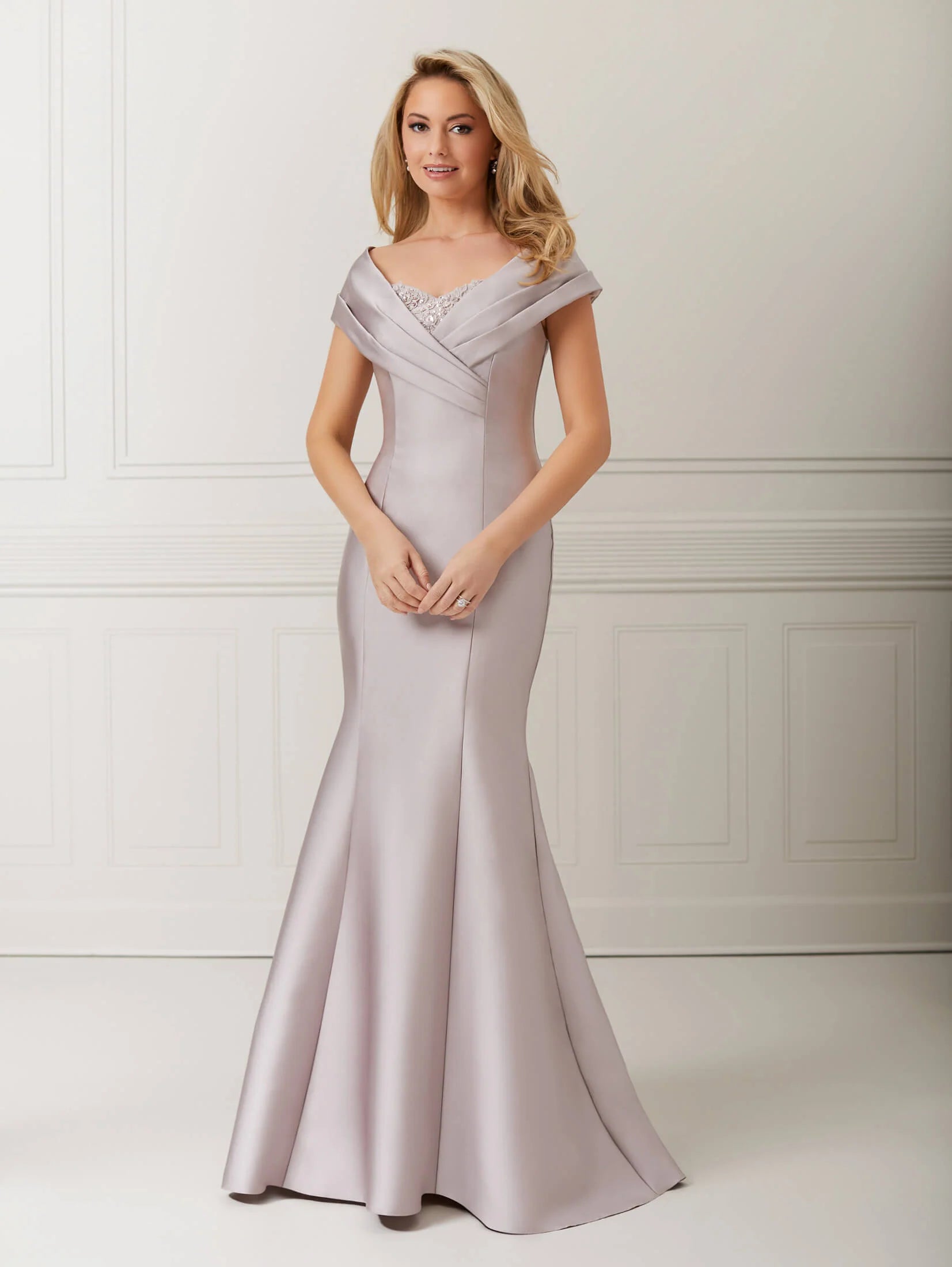 Off-Shoulder Lace and Mikado Fit-and-Flare Dress