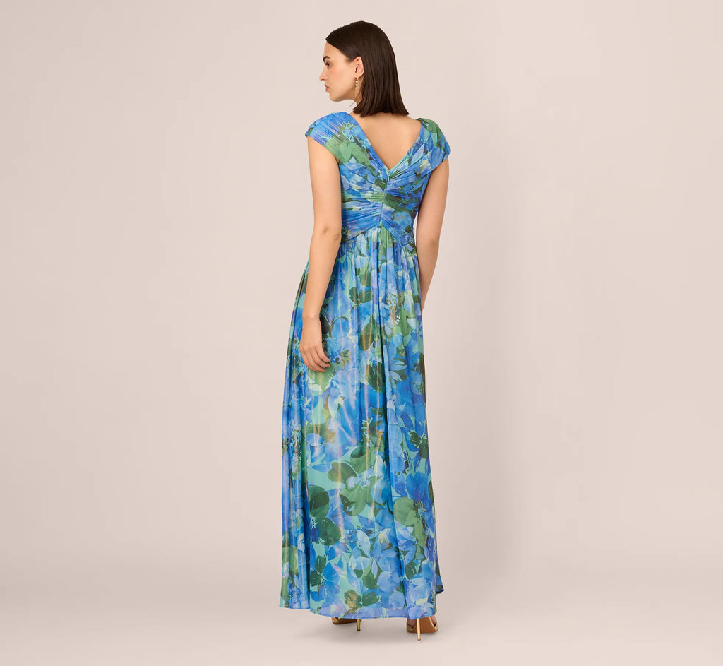 Printed Front Twist Gown In Green Blue Multi