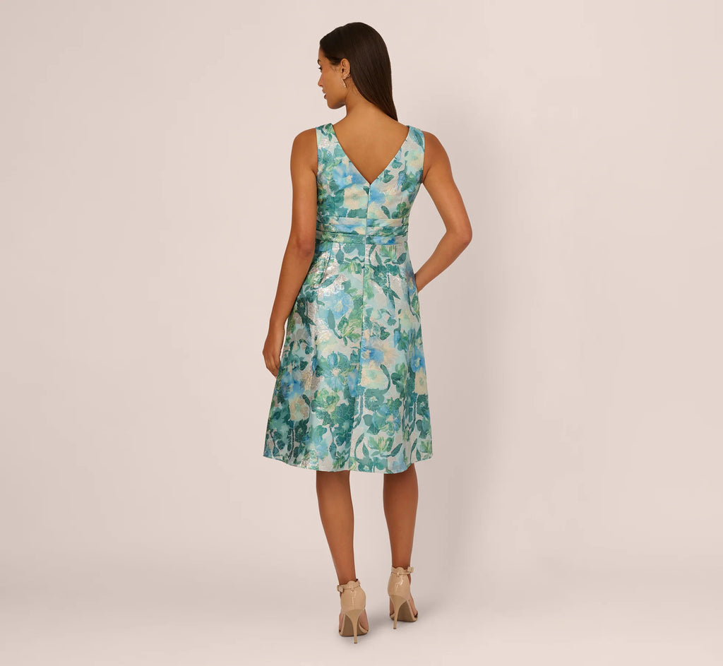 Metallic Floral Jacquard Midi Dress In Blue Multi