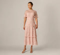 Flutter Sleeve Ruffle Floral Beaded Midi Dress In Blush Whisper