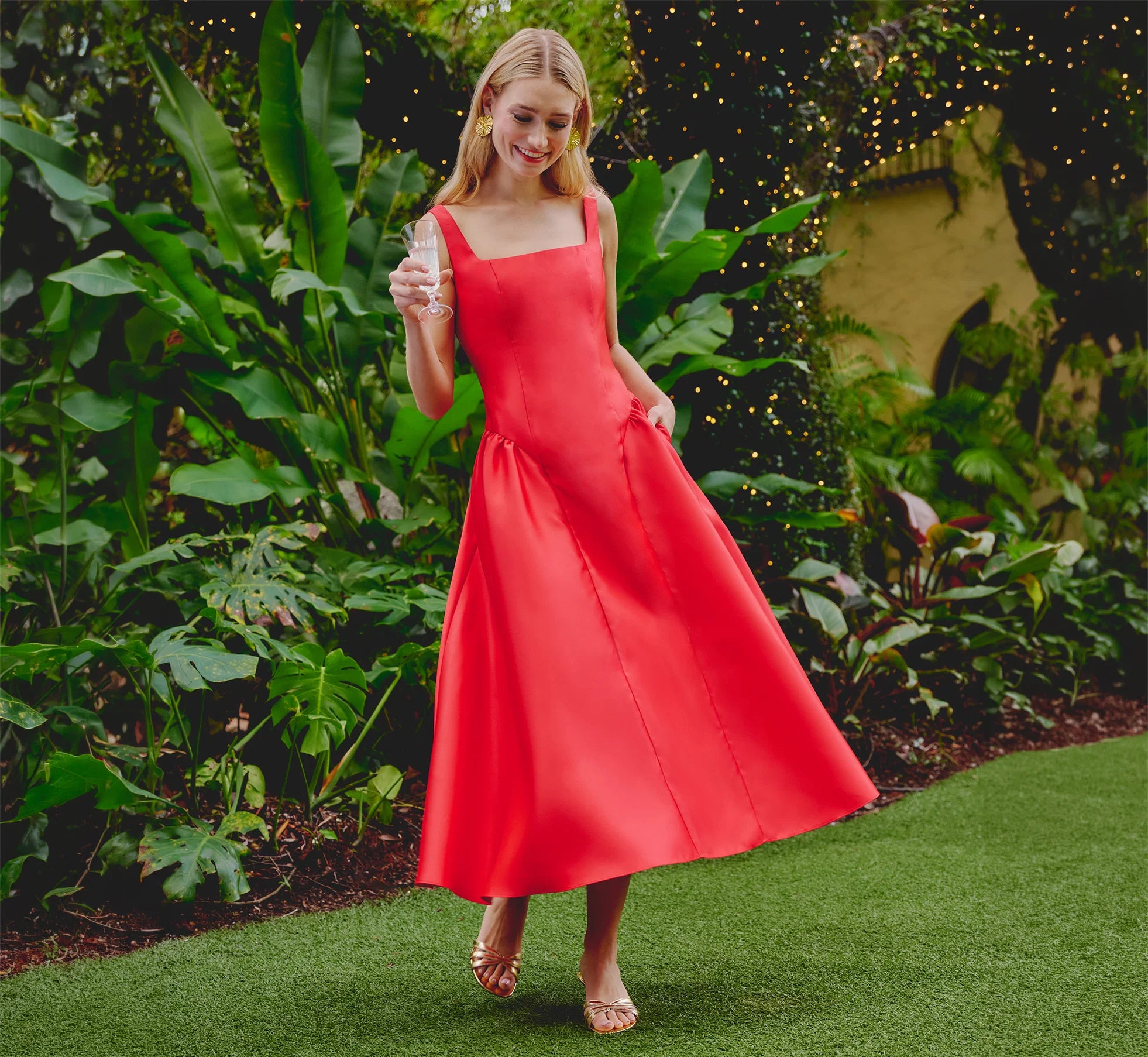 Drop Waist Fit And Flare Mikado Midi Dress In Persimmon
