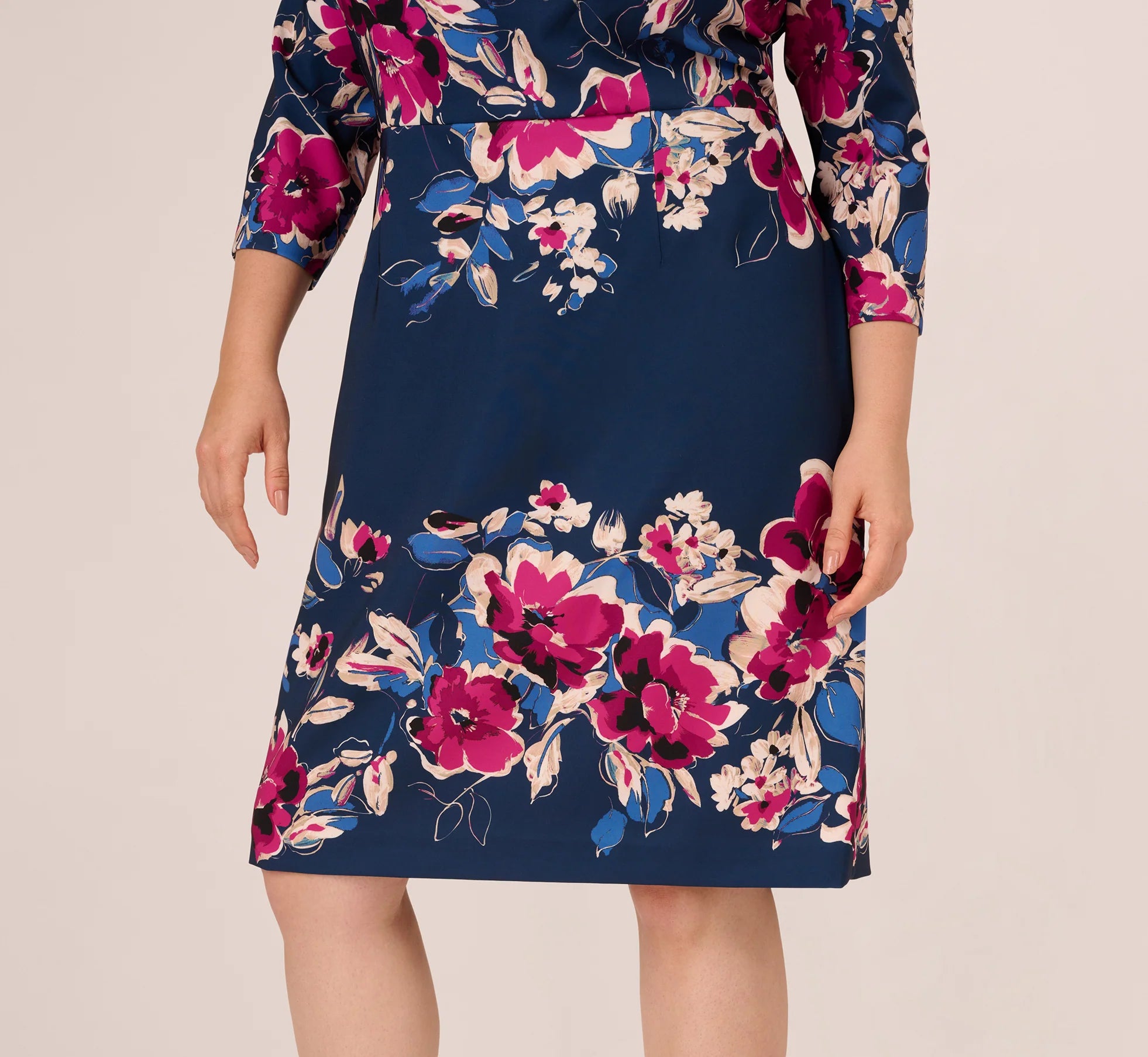 Plus Size Three Quarter Sleeve Floral Sheath Dress In Navy Pink Multi
