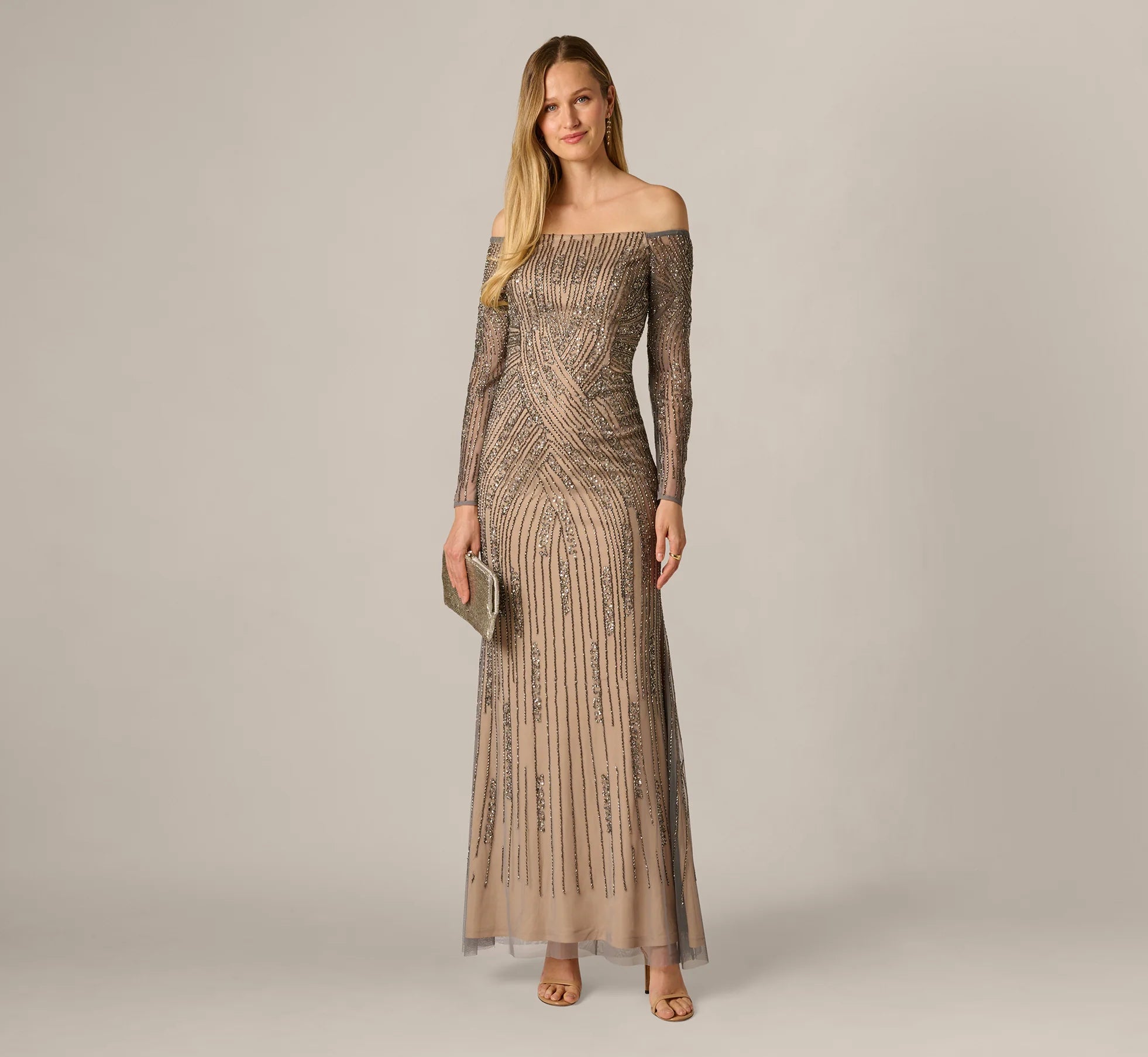 Hand Beaded Off Shoulder Gown In Sterling