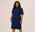 Plus Size Crepe Midi Length Sheath Dress With Pearl Trimmed Sleeves In Navy Sateen