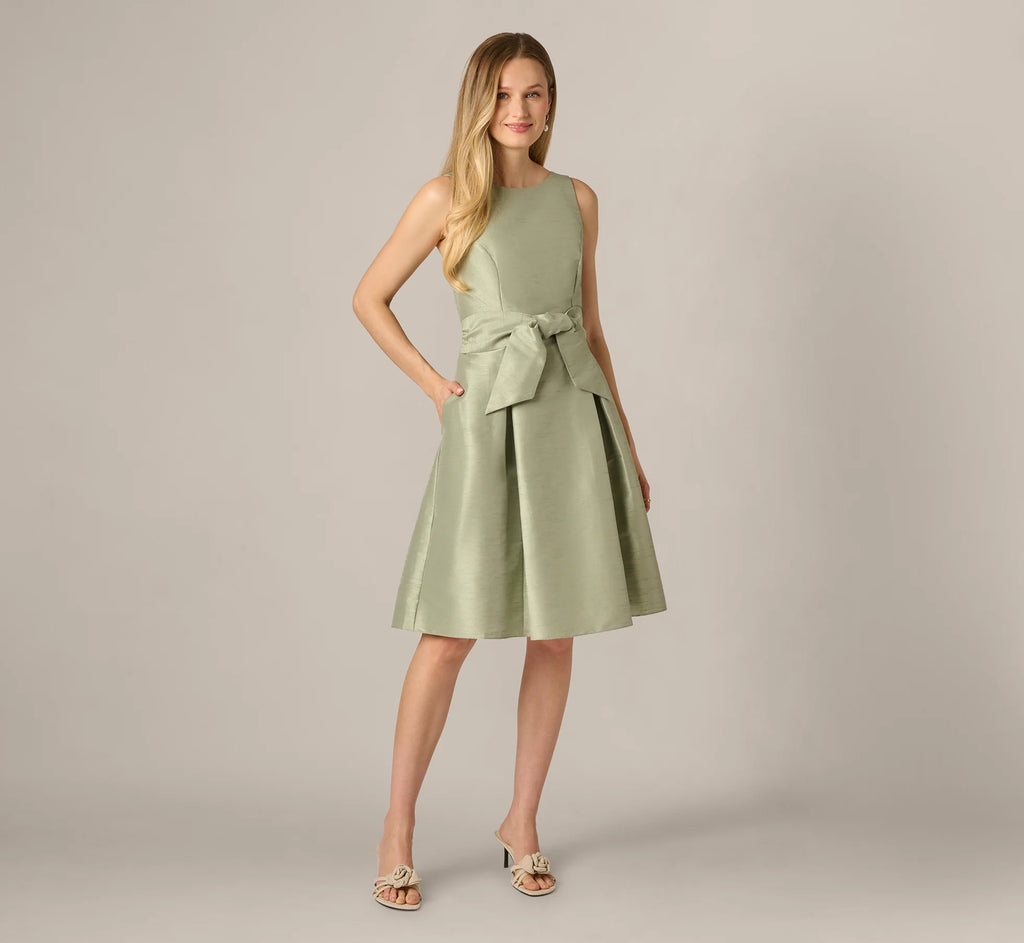 Dupioni Tie Front Fit And Flare Dress In Sage