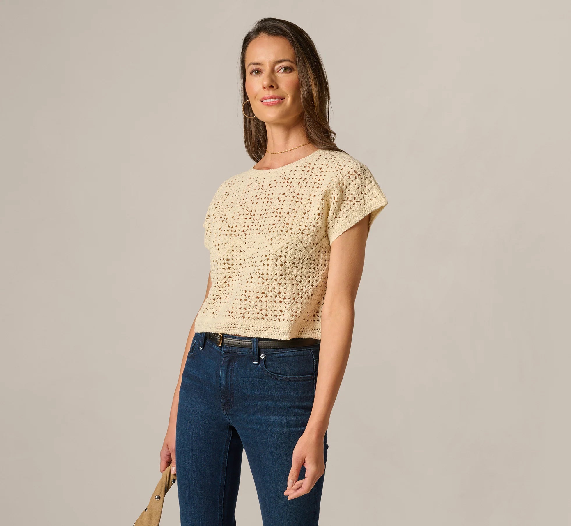 Short Sleeve Open Crochet Top In Cream