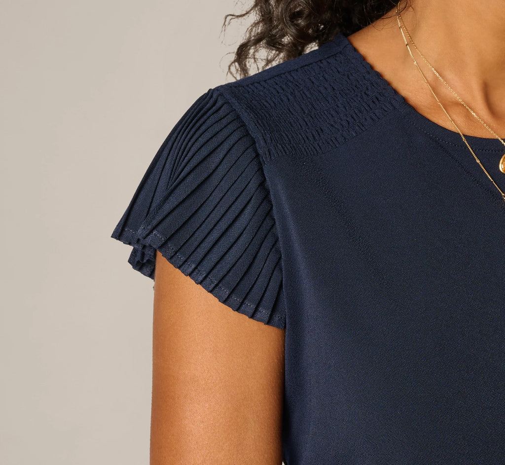 Pleated Cap Sleeve Knit Top In Blue Moon