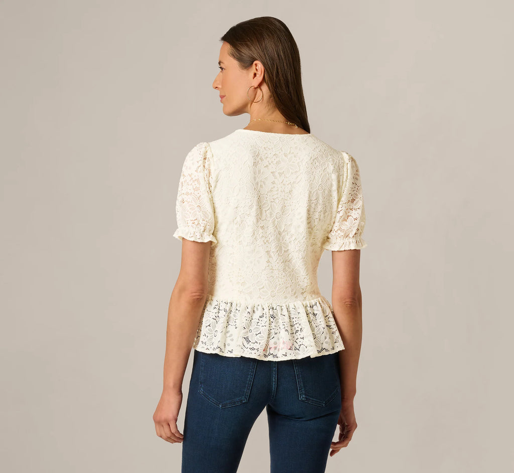 Puff Sleeve Lace Ruffle Peplum Top In Ivory