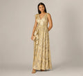 Sleeveless Metallic Crinkle Ruffle Gown In Champagne Gold