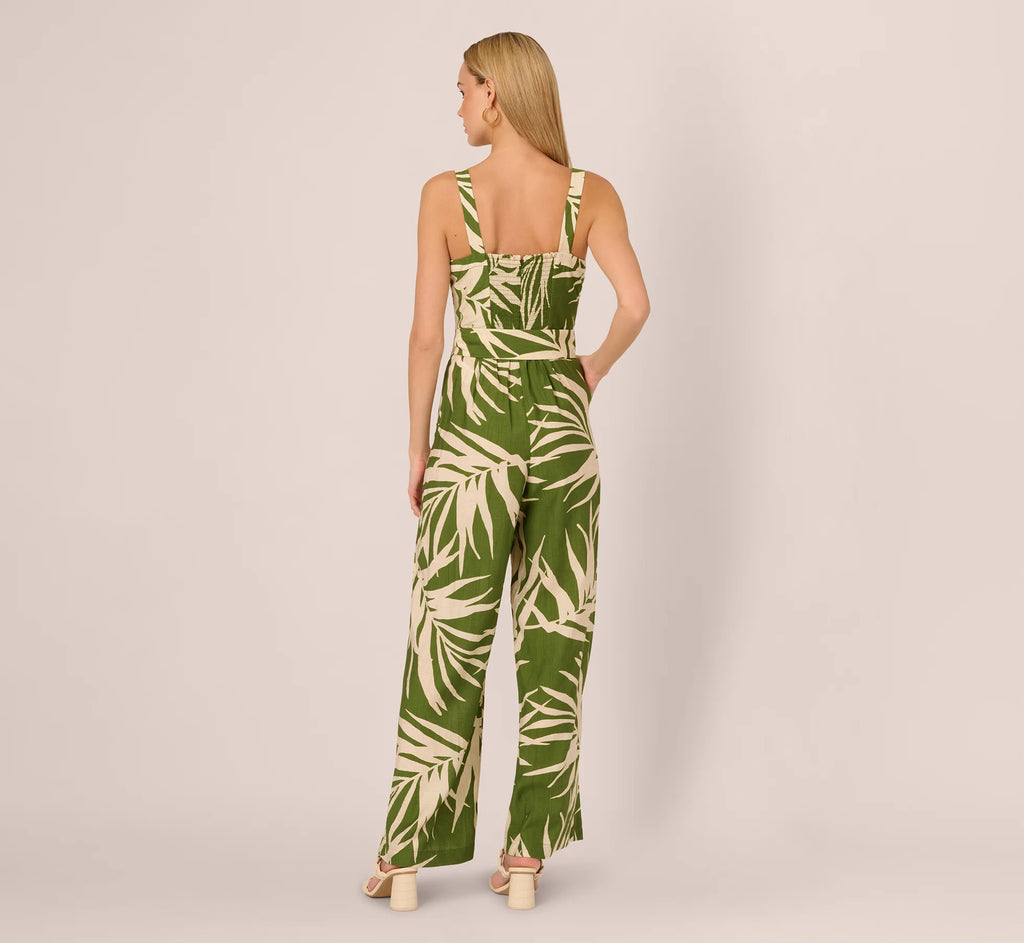 Sleeveless Palm Leaf Wide Leg Jumpsuit In Green Ivory