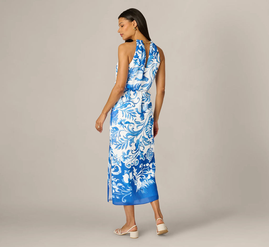 Scroll Print Chain Halter Midi In Ivory Blue
