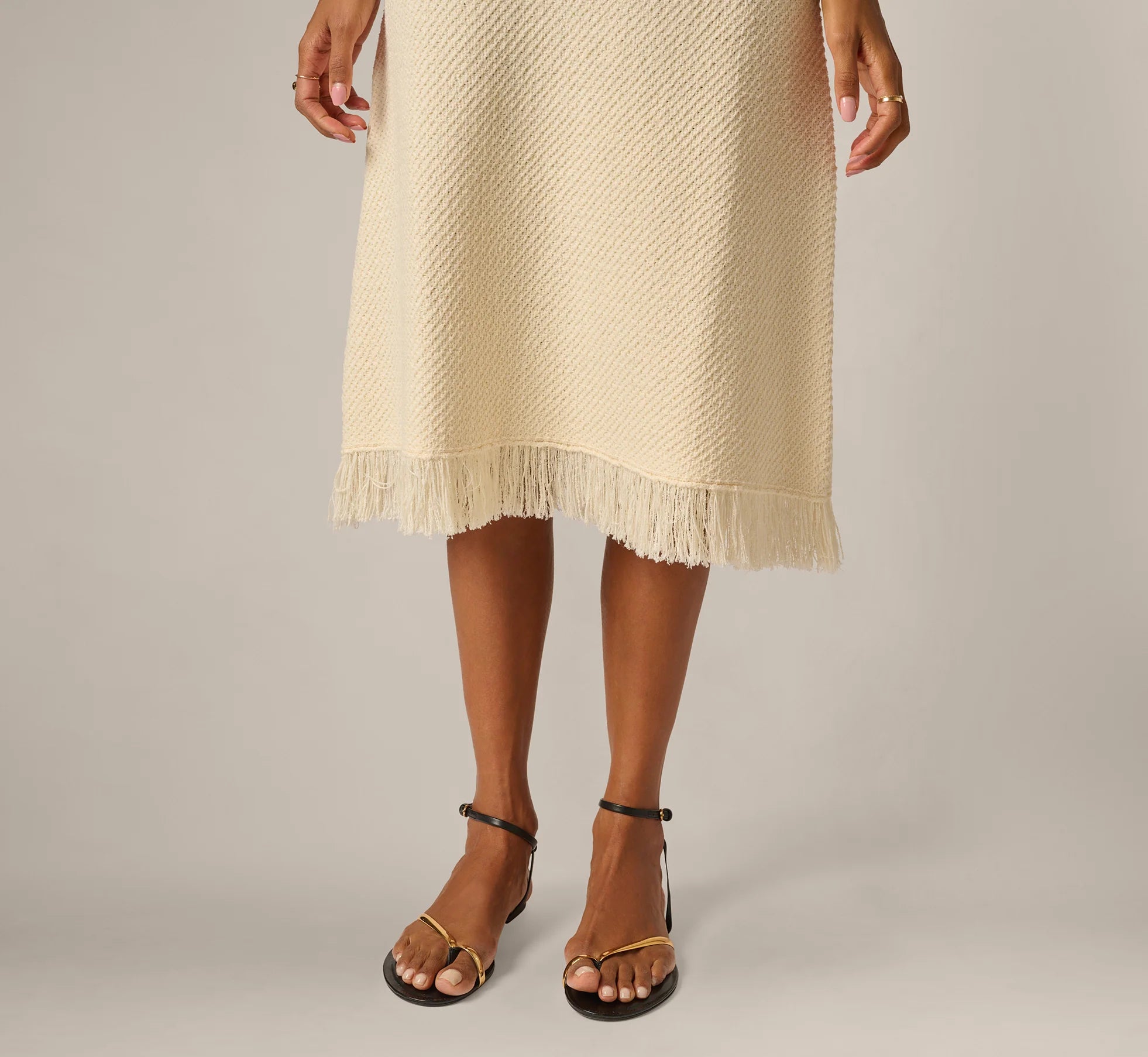 Textured Knit Fringe Midi Skirt In Cream
