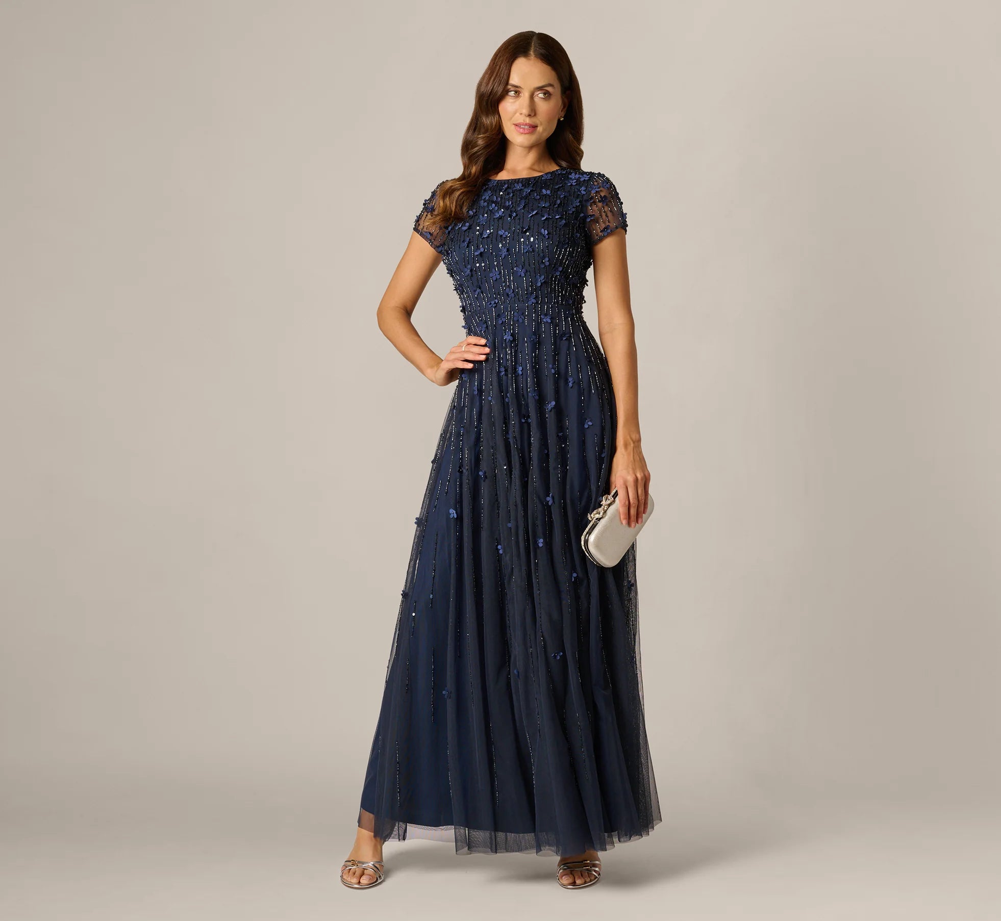 Short Sleeve Linear 3D Floral Beaded Gown In Navy