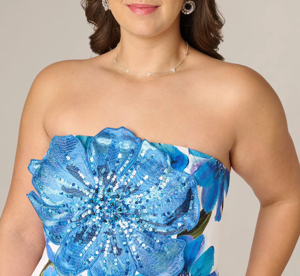 Plus Size Strapless 3D Floral Beaded Dupioni Gown In Ivory Blue Multi