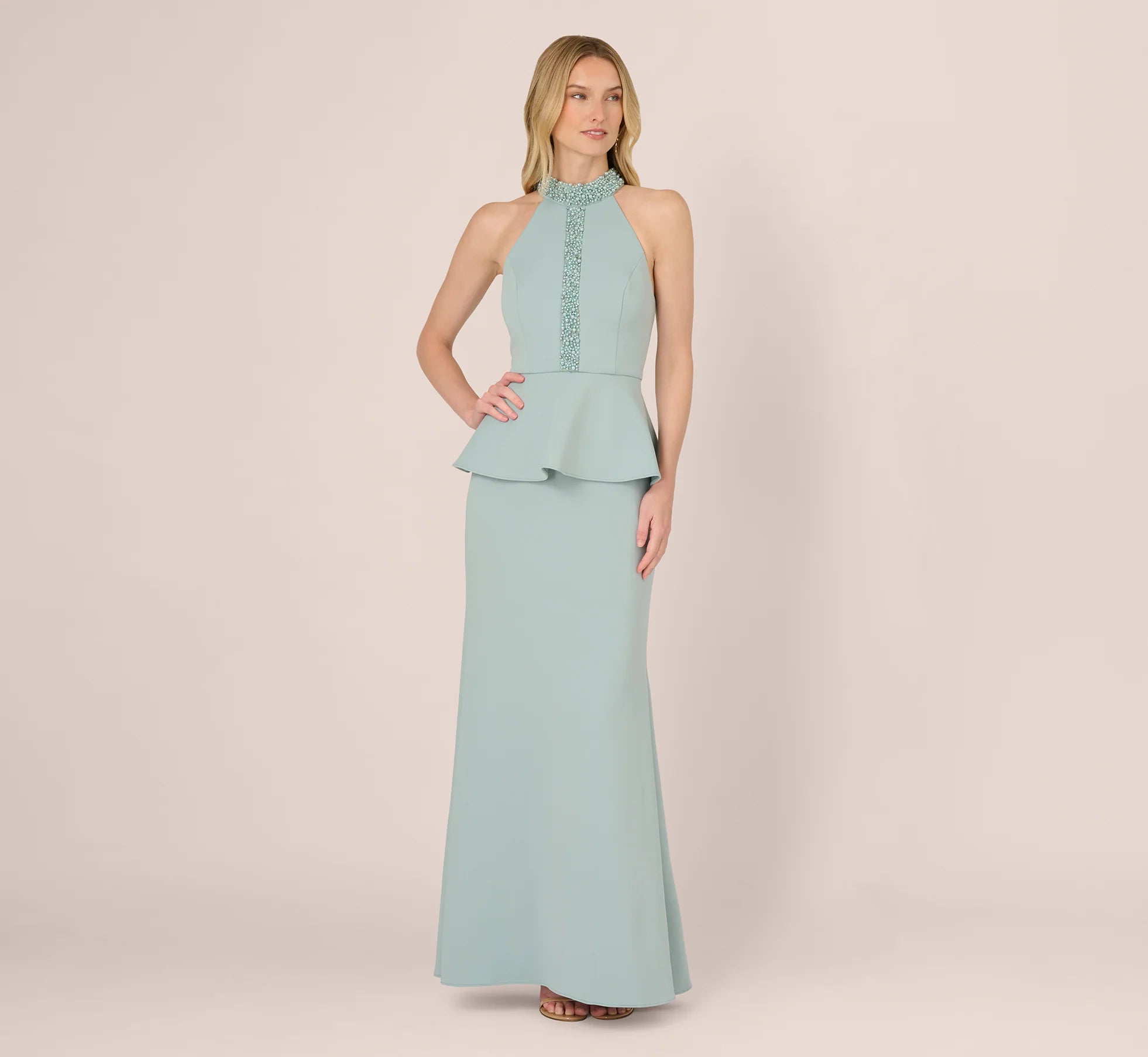 Sleeveless Pearly Halter Peplum Gown In Aqua Dust