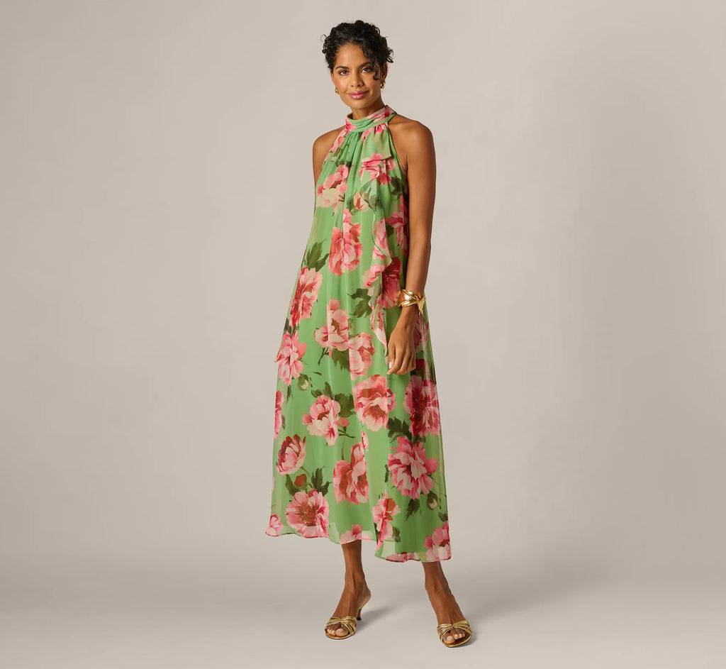 Draped Floral Chiffon Halter Trapeze Gown In Lime Multi