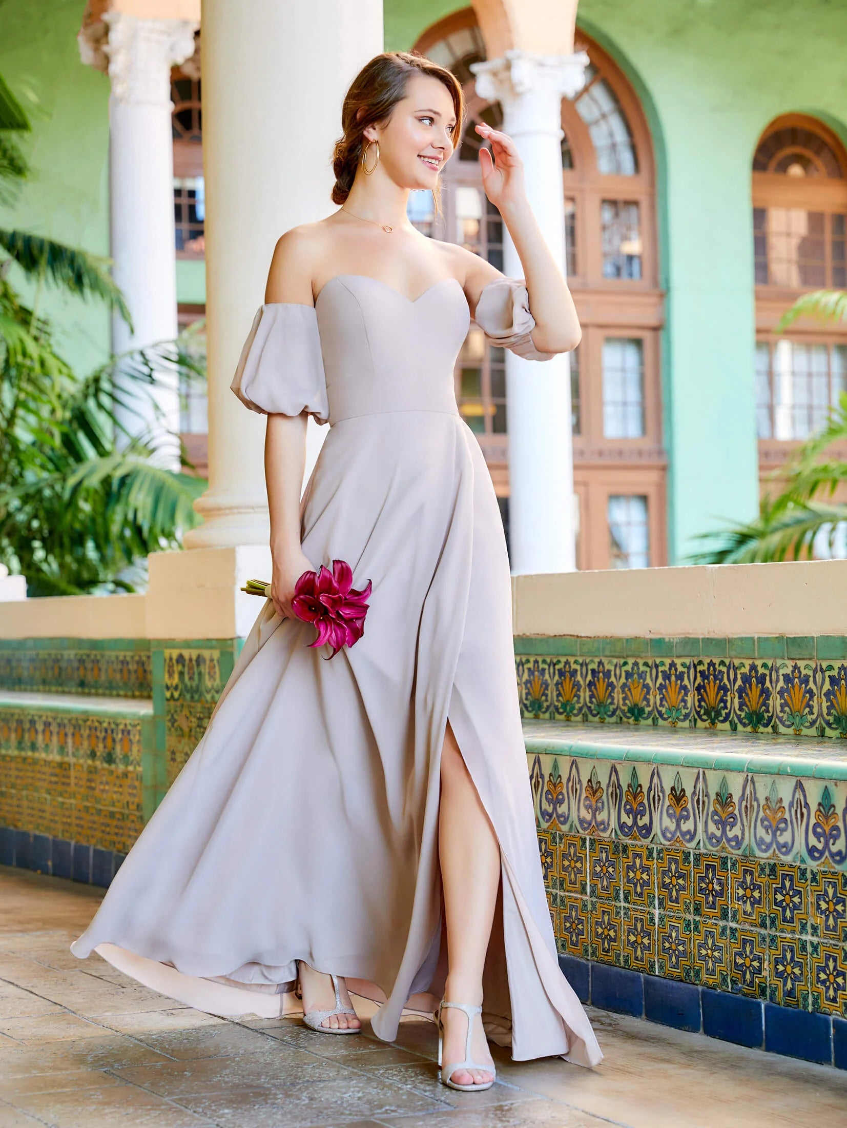 Chiffon A-Line Dress with Detachable Puff Sleeves