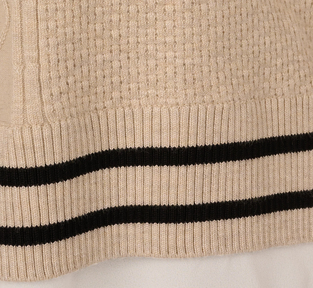 Long Sleeve Tie Neck Sweater Vest Twofer Top In Neutral Black