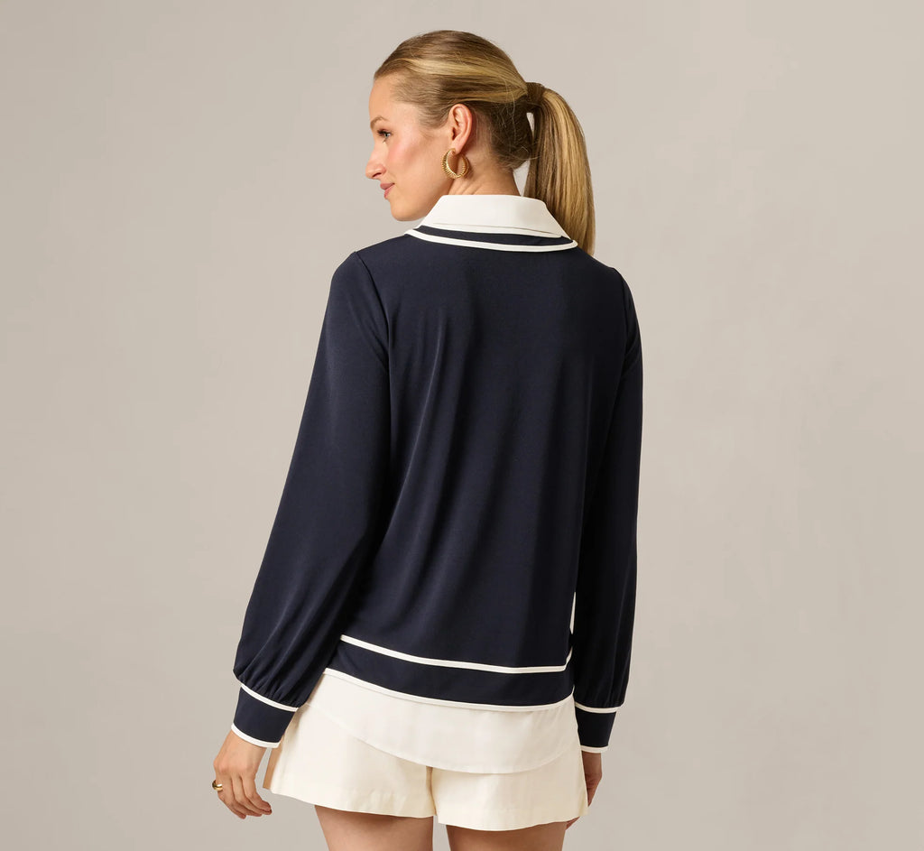 Long Sleeve Collared Twofer Tipped Sweater In Navy Ivory W  Ivory