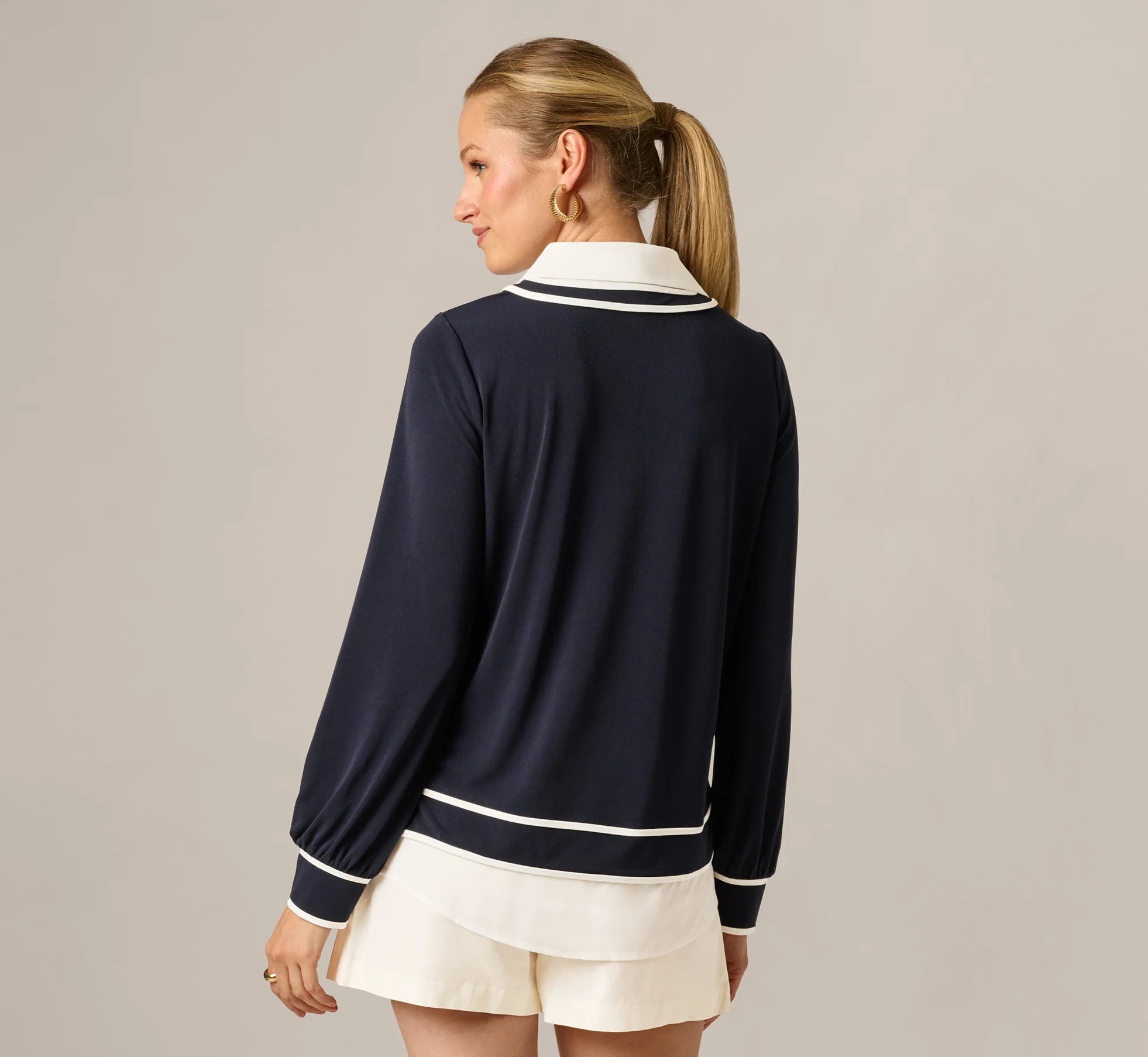 Long Sleeve Collared Twofer Tipped Sweater In Navy Ivory W  Ivory
