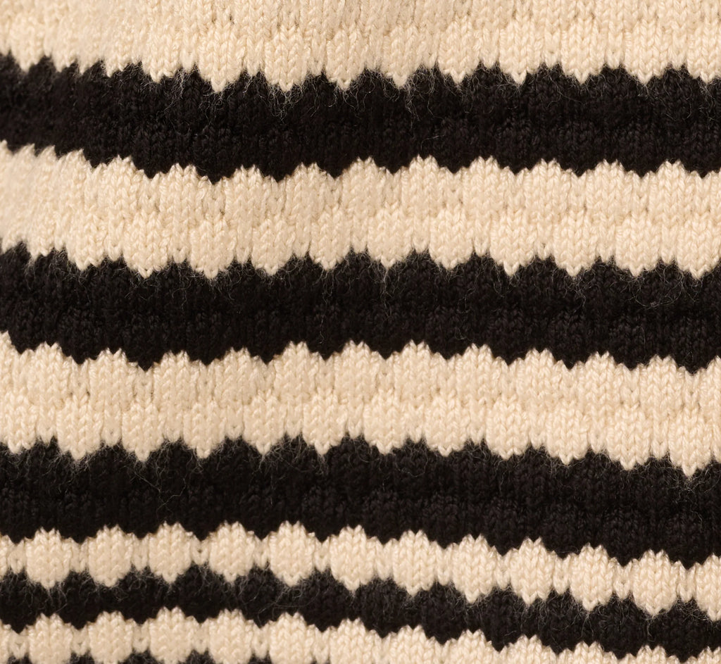 Crew Neck Button Front Striped Pointelle Cardigan Sweater In Cream Black
