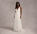 Handed Beaded Mesh Double Waist Soft A-Line Gown In Ivory Ivory