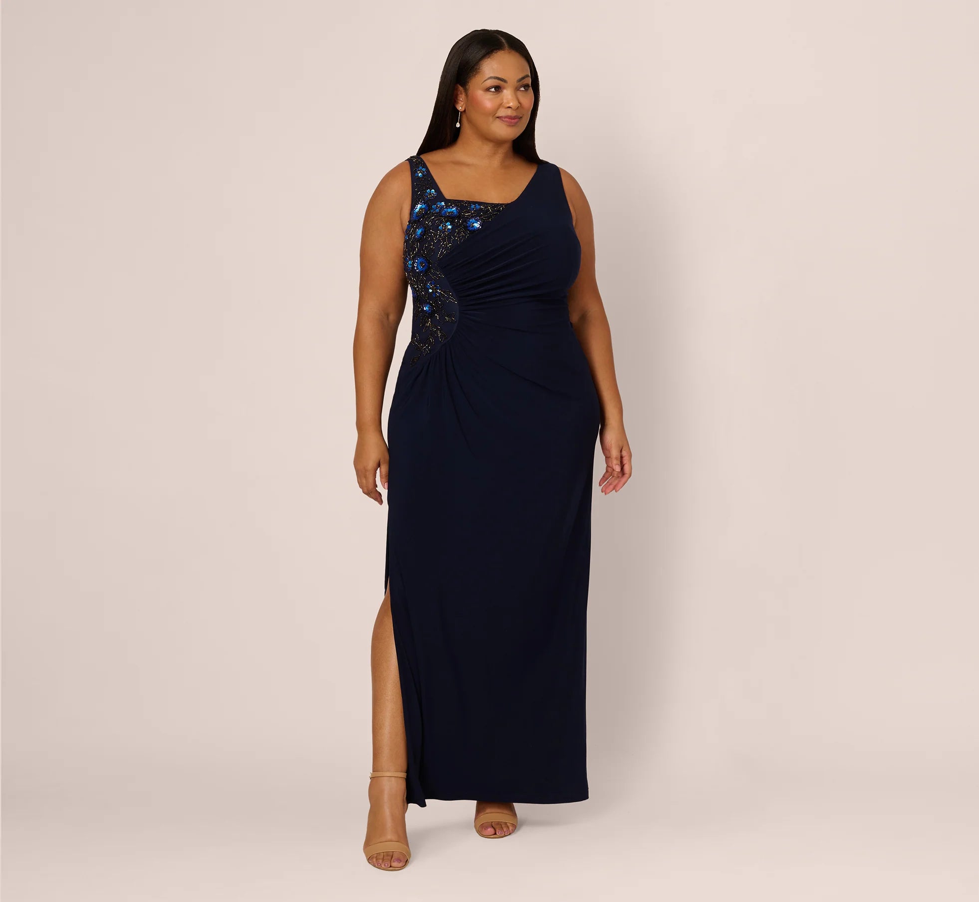 Plus Size Sleeveless Asymmetrical Floral Beaded Jersey Gown In Midnight Multi