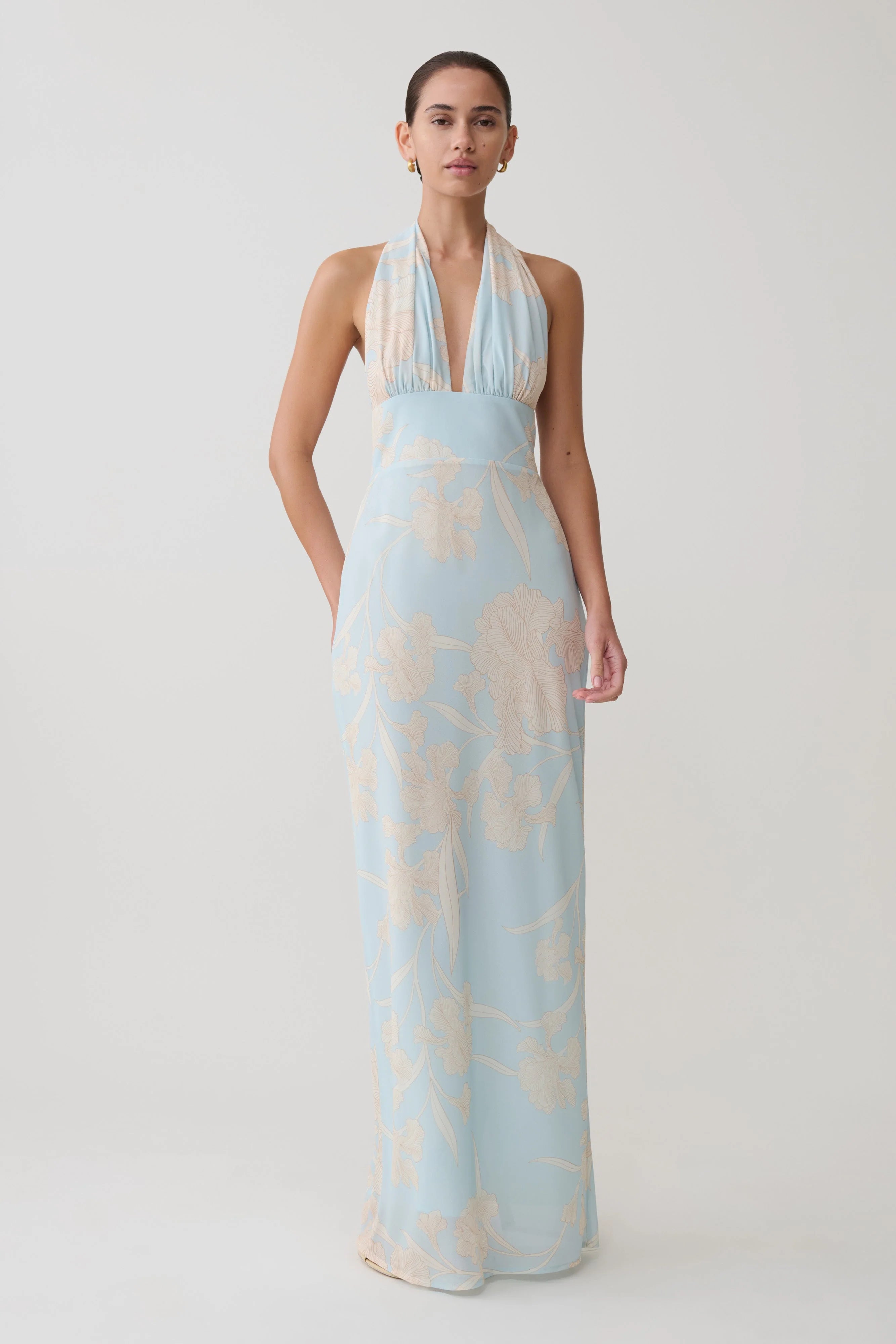 Nadine Halter Scarf Chiffon Maxi Dress - Blue Floral Print