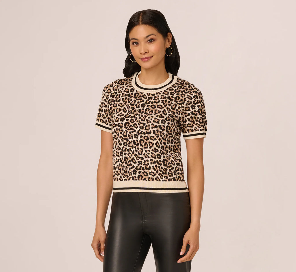 Short Sleeve Chain Patterned Knit Top In Bengal Cheetah