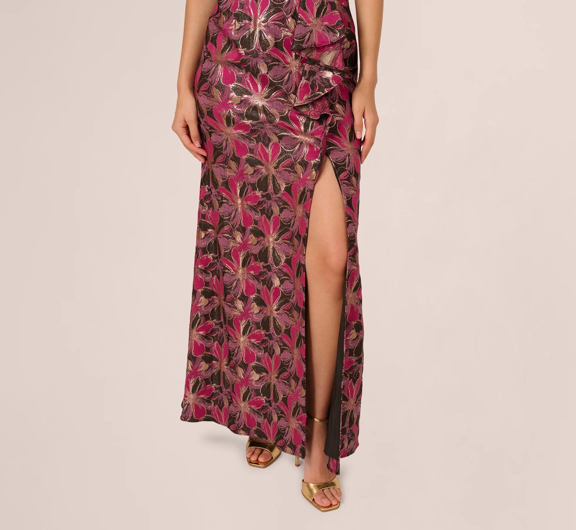 Off Shoulder Jacquard Gown In Fuchsia Multi