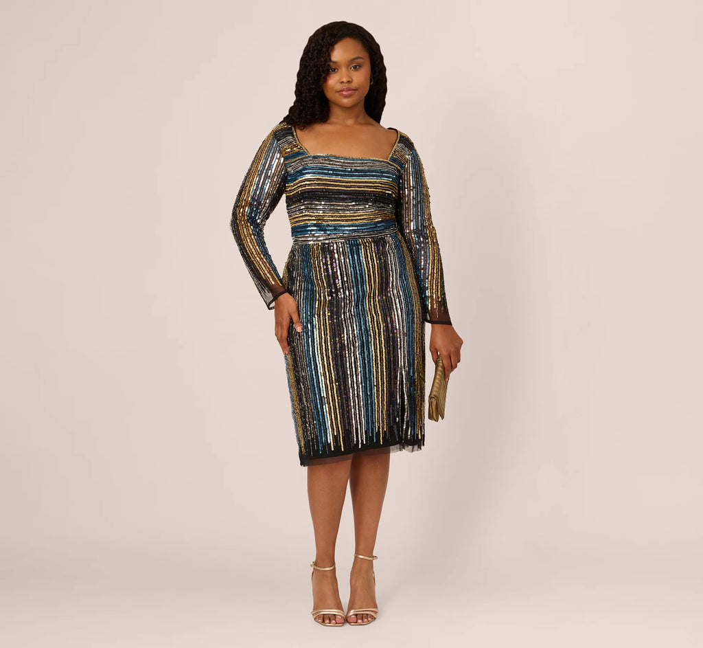 Plus Size Sequin Beaded Sheath Dress With Sheer Long Sleeves In Black Blue Multi