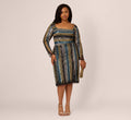 Plus Size Sequin Beaded Sheath Dress With Sheer Long Sleeves In Black Blue Multi