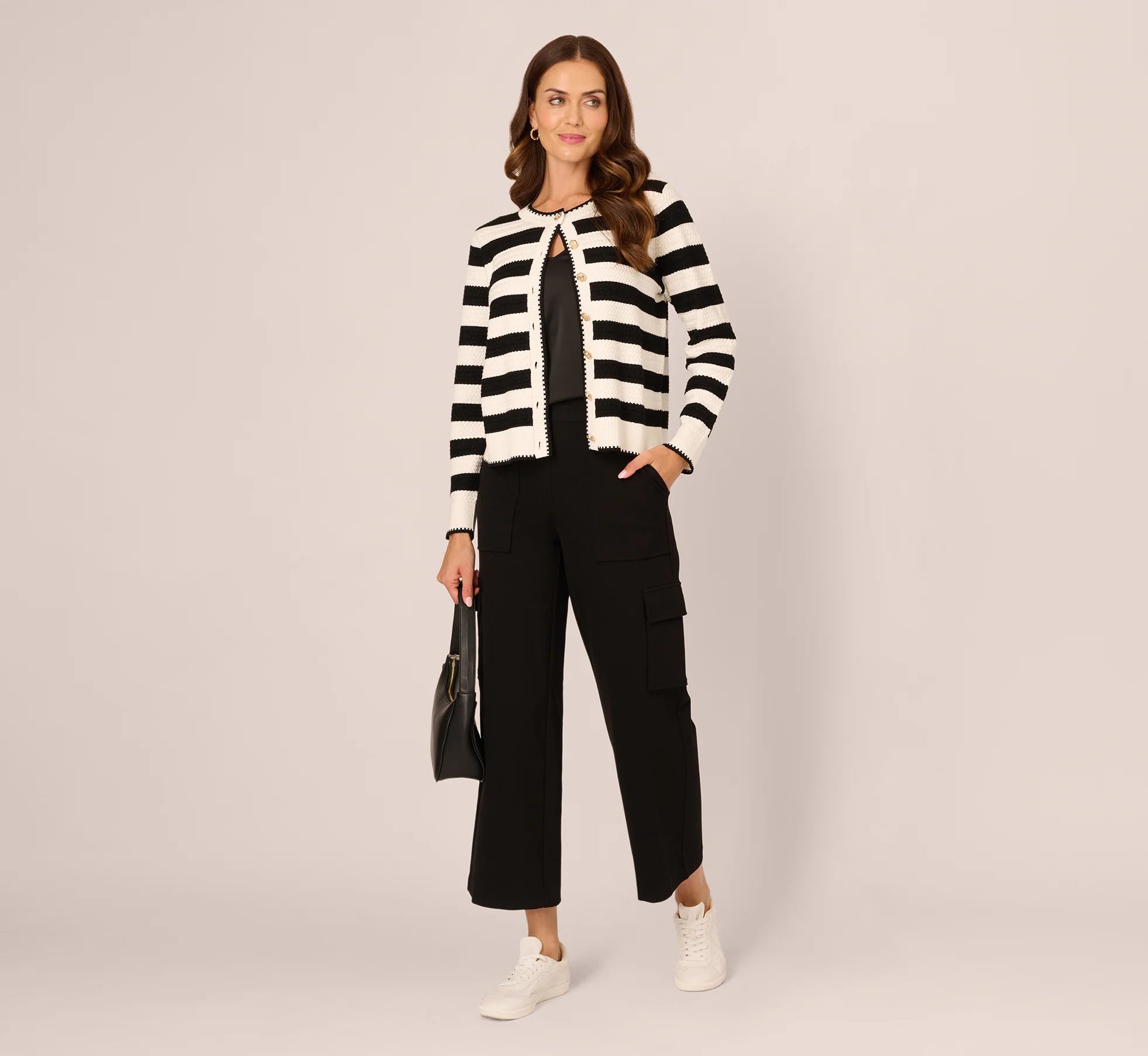 Textured Knit Blanket Stitch Cardigan Sweater In Ivory Black
