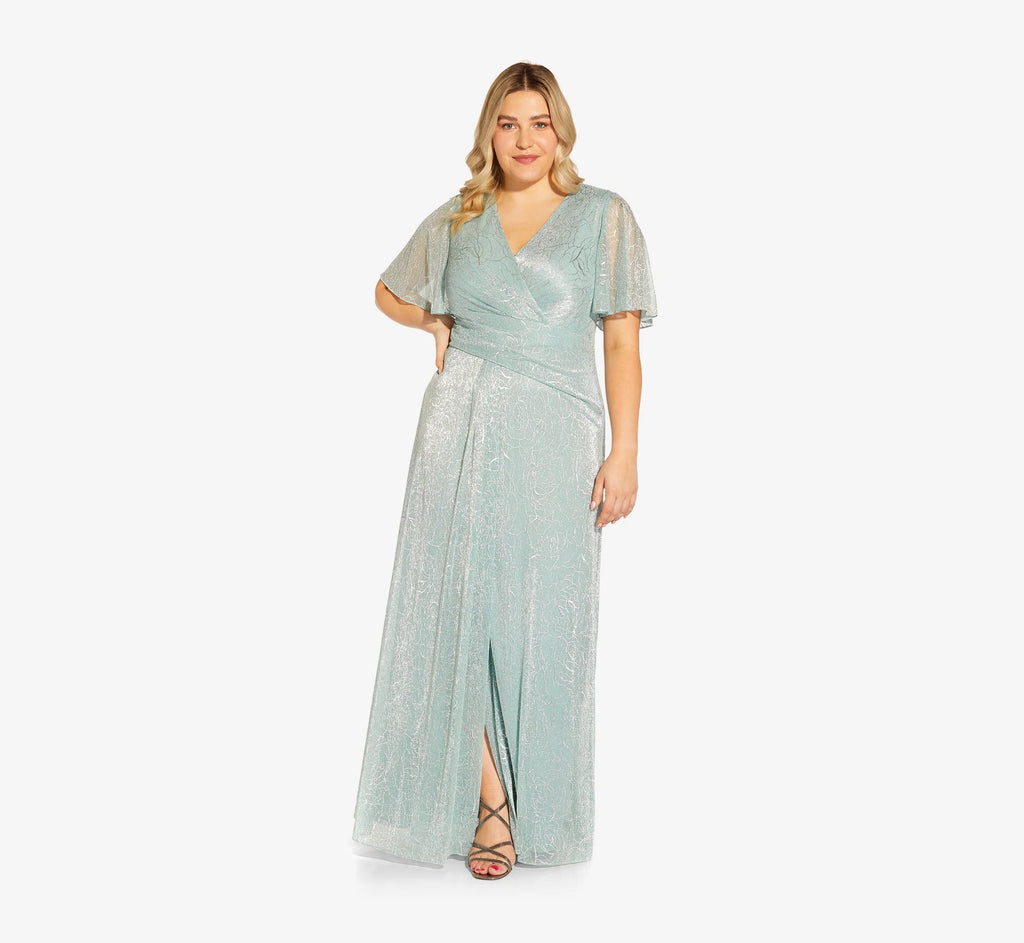 Plus Size Metallic Mesh Draped Gown In Sea Glass