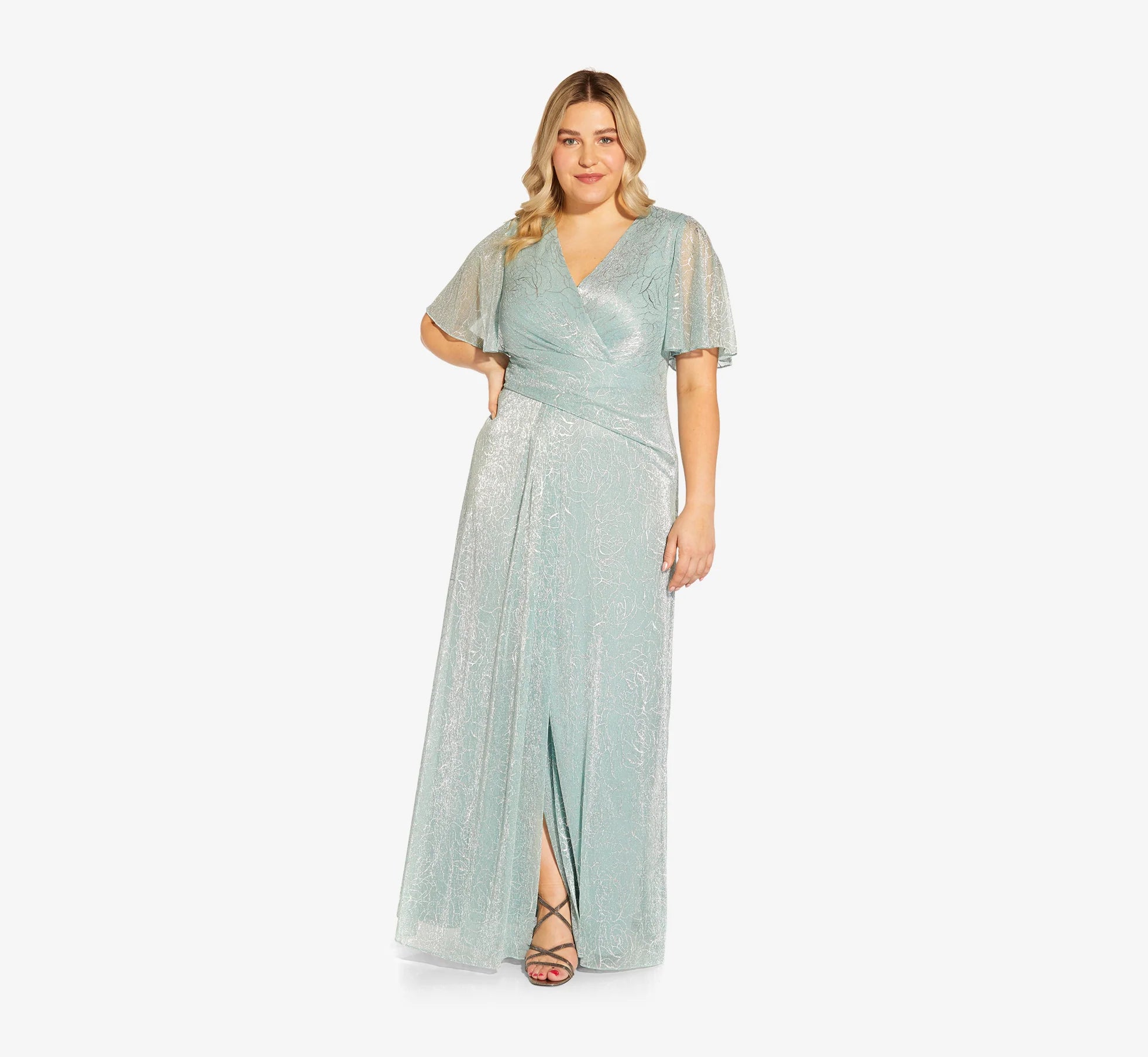 Plus Size Metallic Mesh Draped Gown In Sea Glass