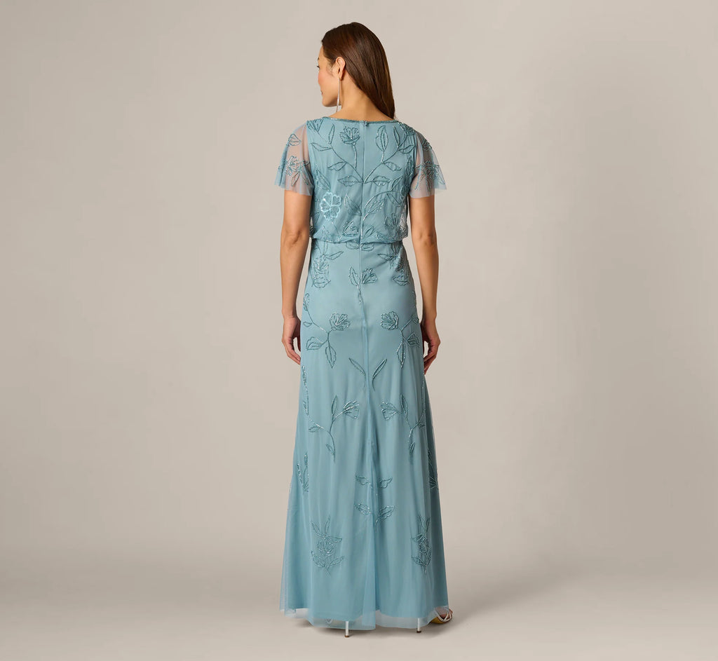 Flutter Sleeve Floral Beaded Blouson Gown In Air Sky