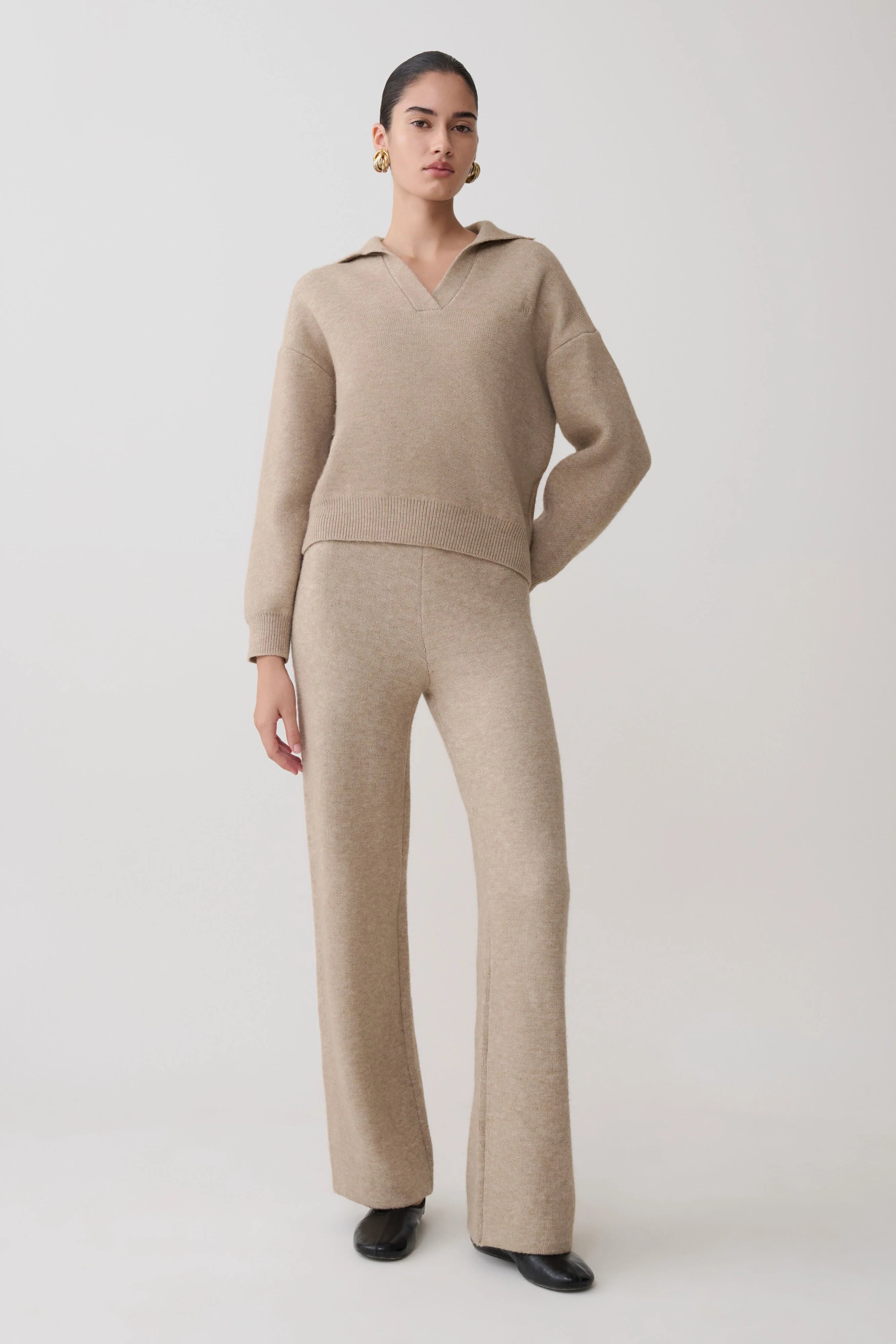 Evan Knit Wide Leg Pants - Beige Marle