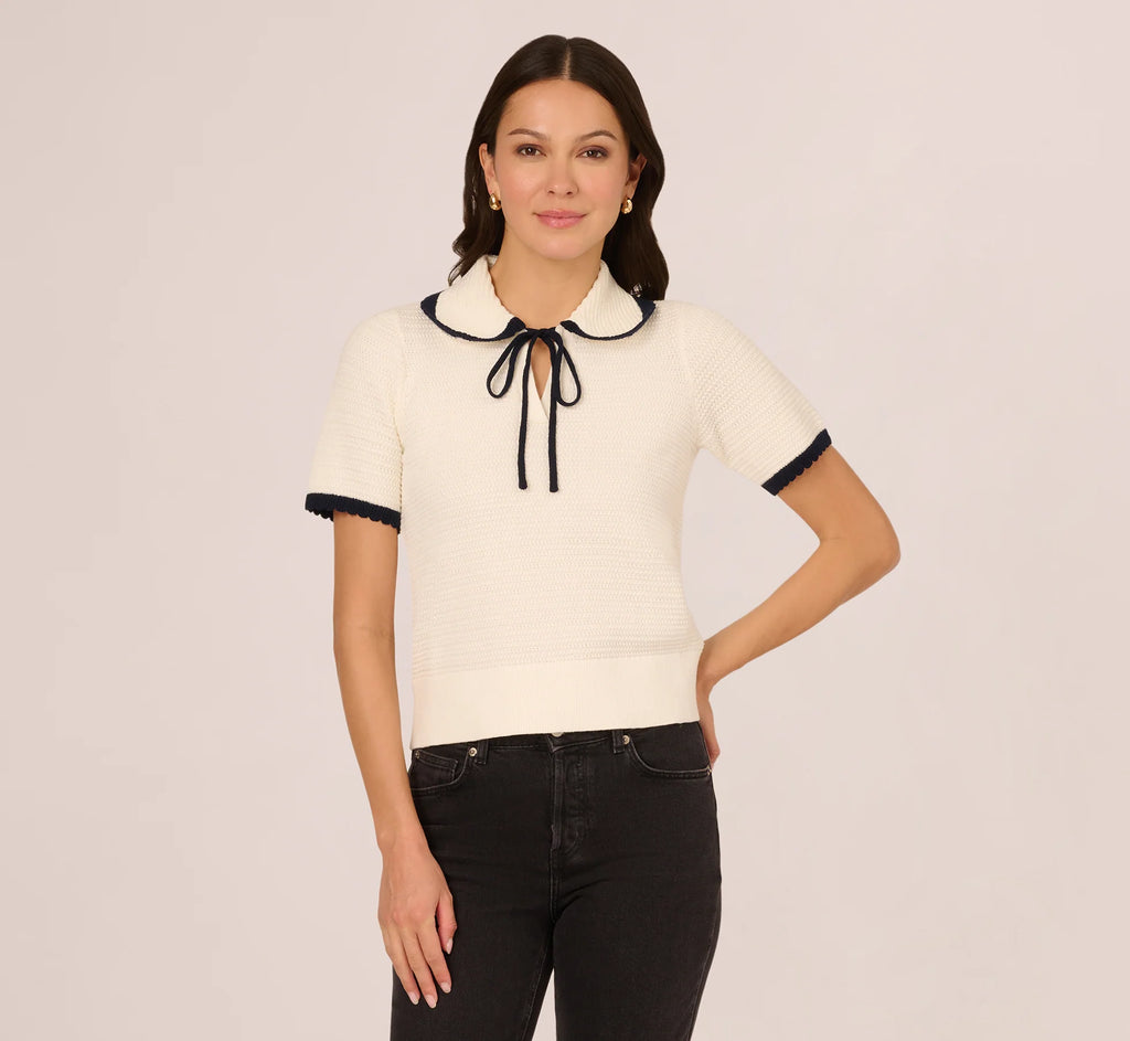 Short Sleeve Collared Cotton Crochet Top In Ivory Blue Moon