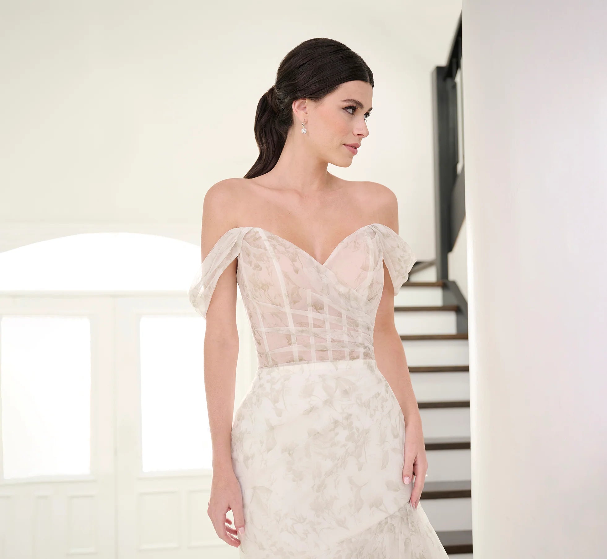 Watercolor Printed Organza Gown In Green Multi