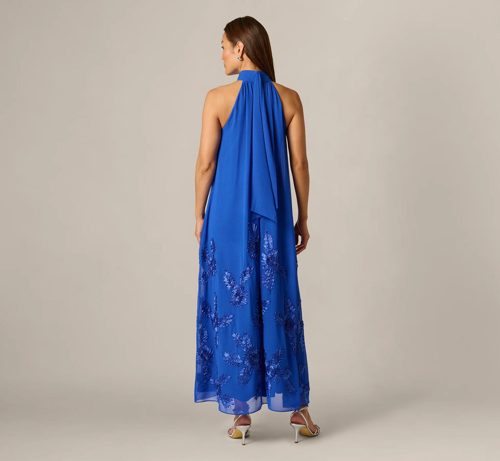 Georgette Soutache Embroidery Trapeze Halter Dress In Brilliant Sapphire