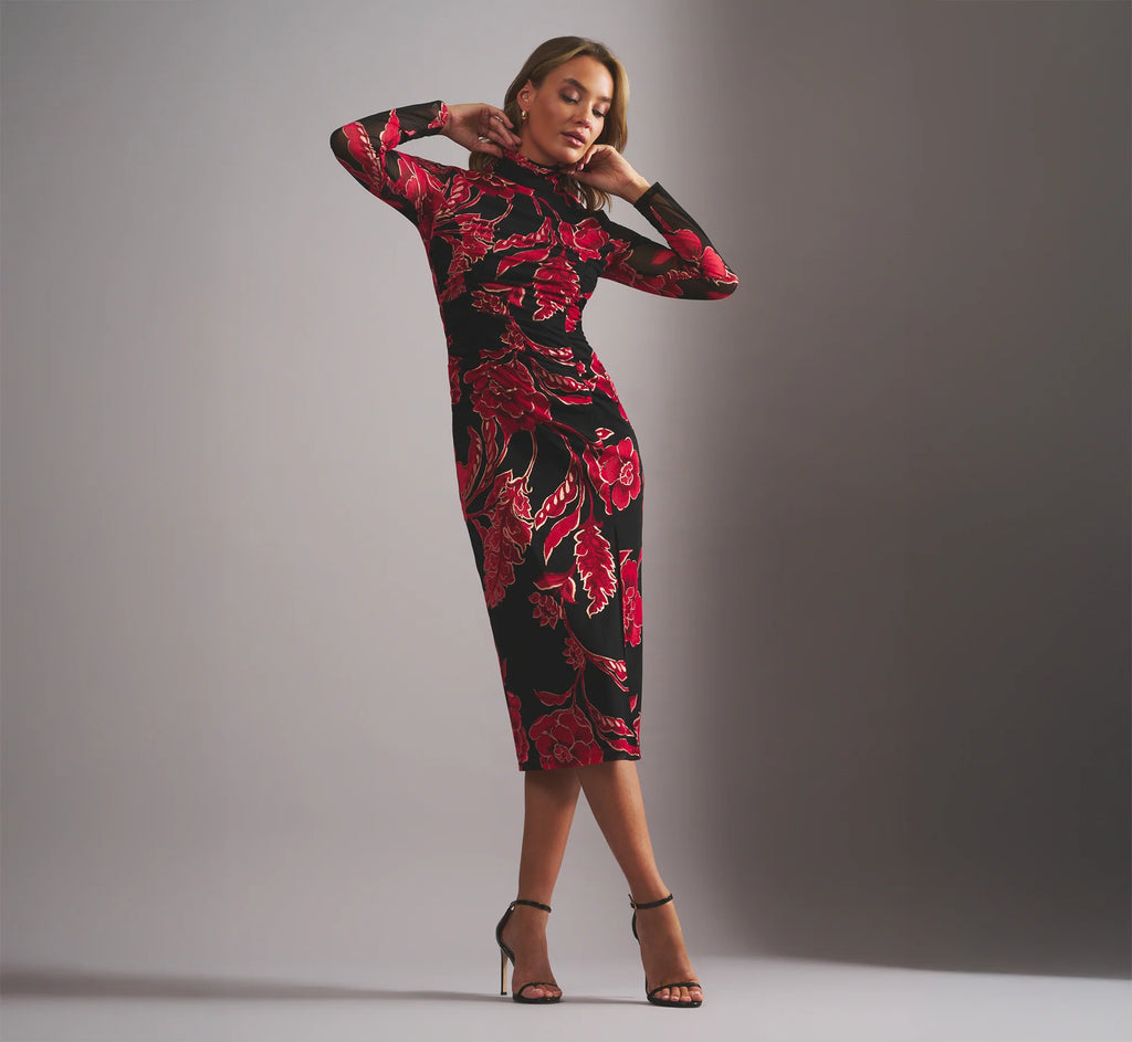 Long Sleeve Floral Mesh Bodycon Midi Dress In Black Multi