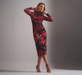 Long Sleeve Floral Mesh Bodycon Midi Dress In Black Multi
