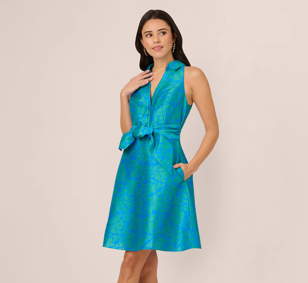 Sleeveless Printed Tie Front Short Dress In Blue Green