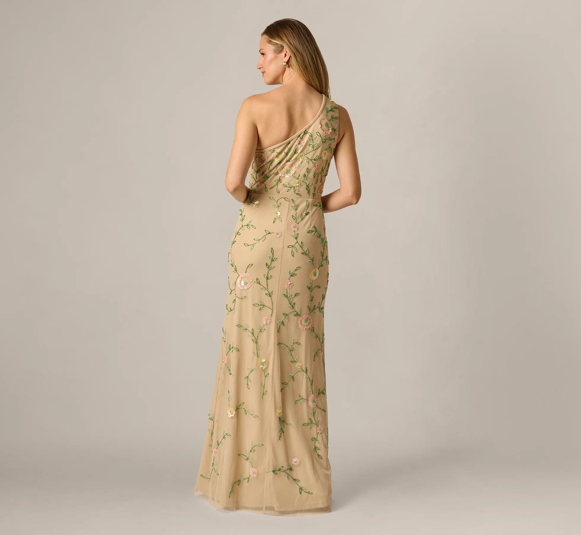 One Shoulder Floral Vine Beaded High Low Gown In Light Champagne
