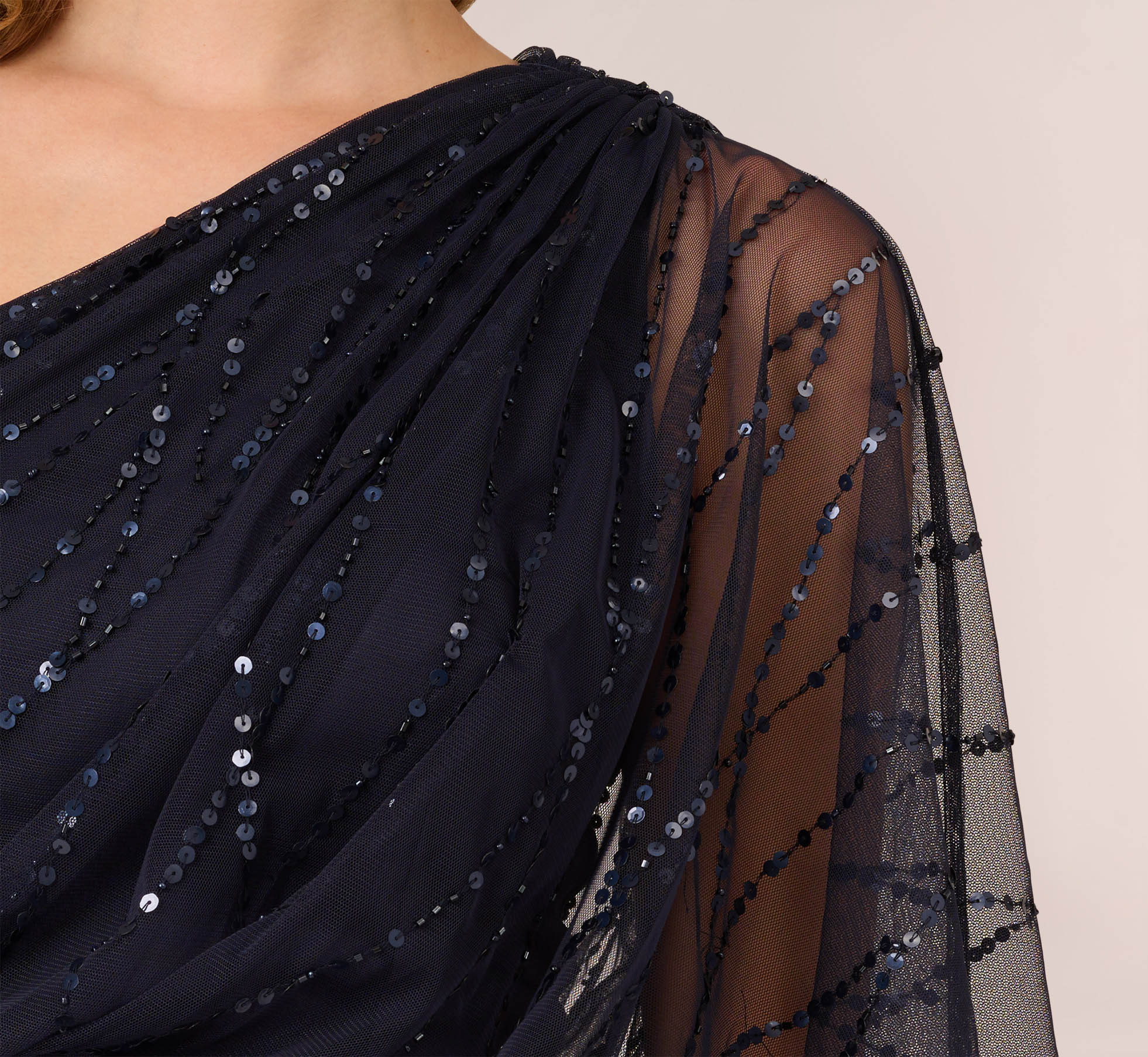 Draped One Shoulder Dress With Sequin Detail In Dusty Navy