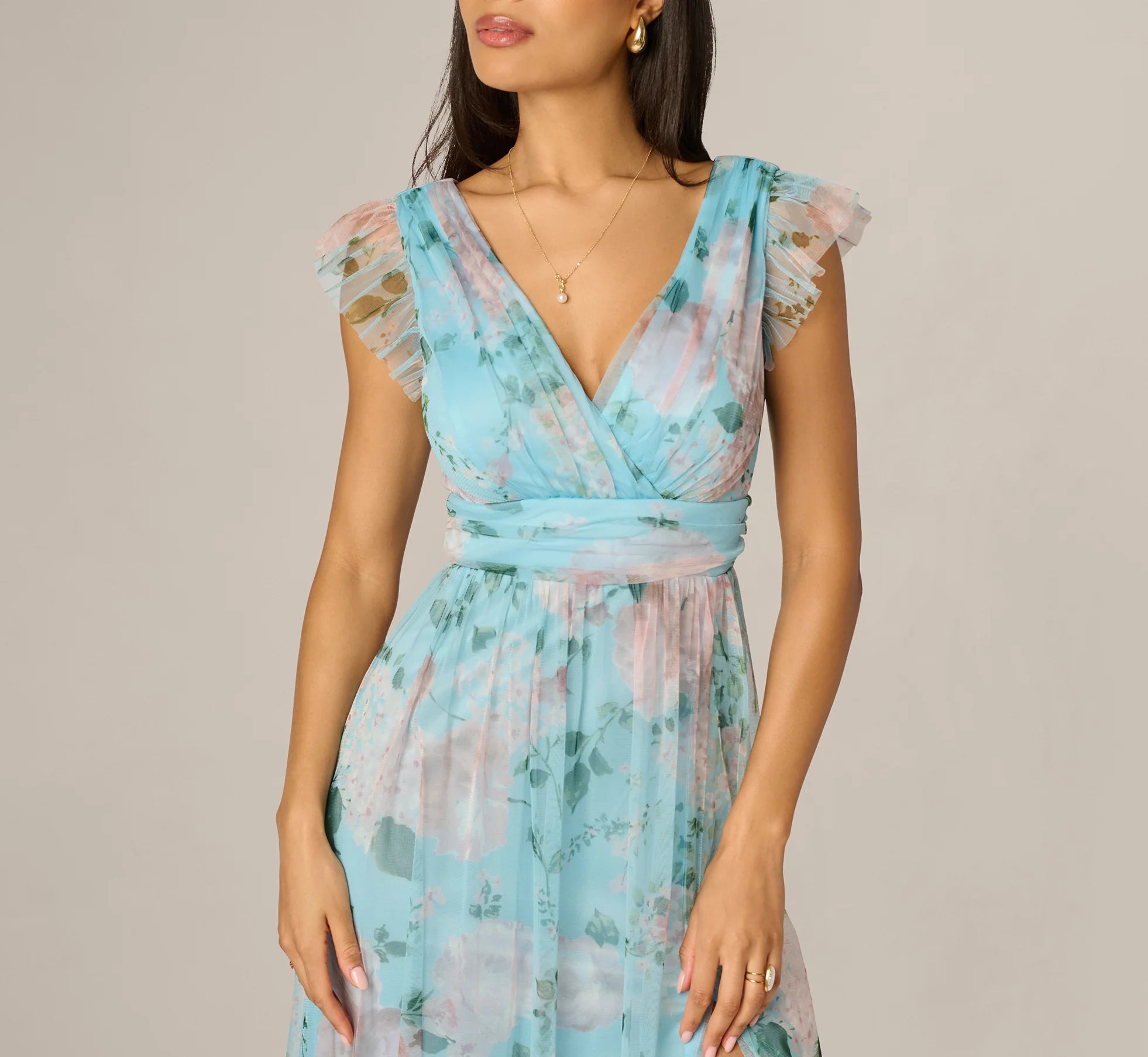 Flutter Sleeve Floral Tulle Maxi Dress In Blue Multi