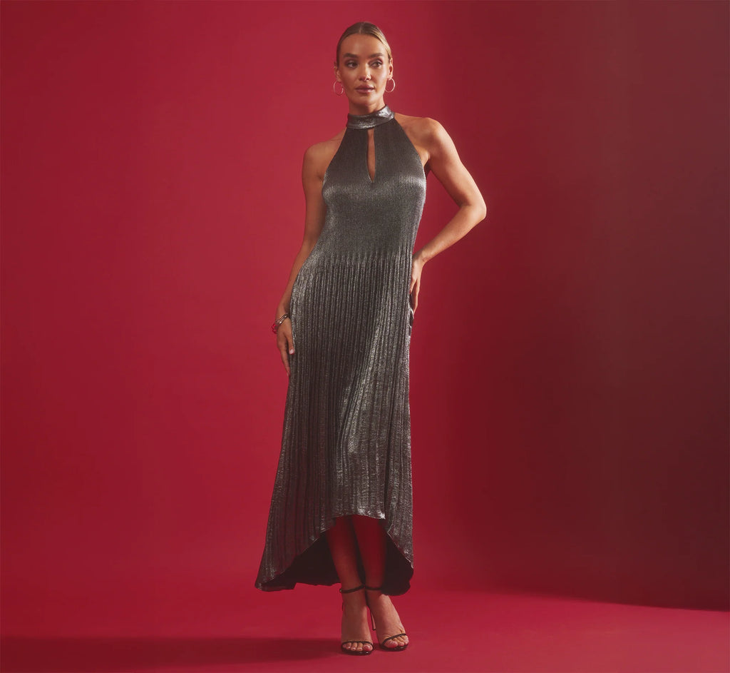 Pleated Metallic High Low Maxi Halter Dress In Gunmetal Black