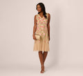 Sleeveless Fringe Trim Floral Bead Midi Dress In Nude Multi