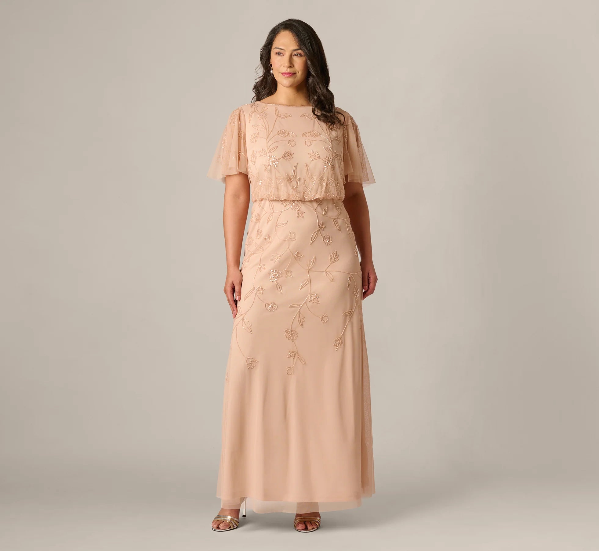Plus Size Flutter Sleeve Blouson Beaded Gown In Blush