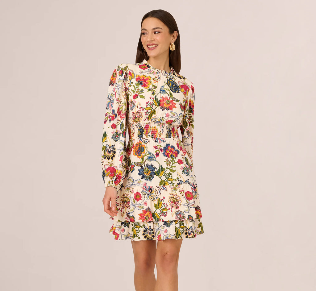 Floral Print Dress With Long Bishop Sleeves In Ecru Multi